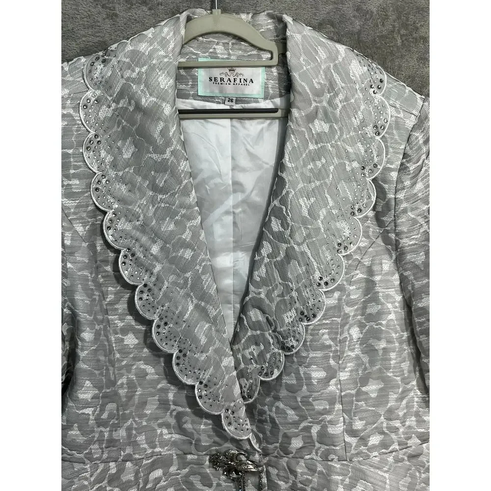 Serafina Brocade Church Suit Size 26 Silver Floral Peplum Sequin Mother of Bride